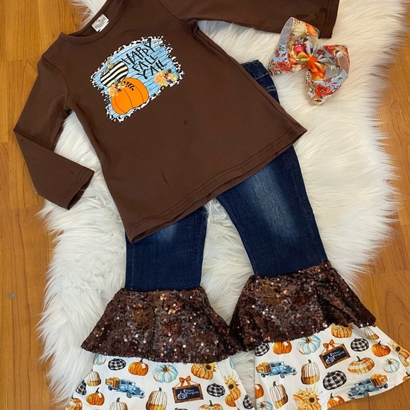 Brown 2pc Fall Denim Sequin Bell Bottom Outfit - Picture 2 of 2